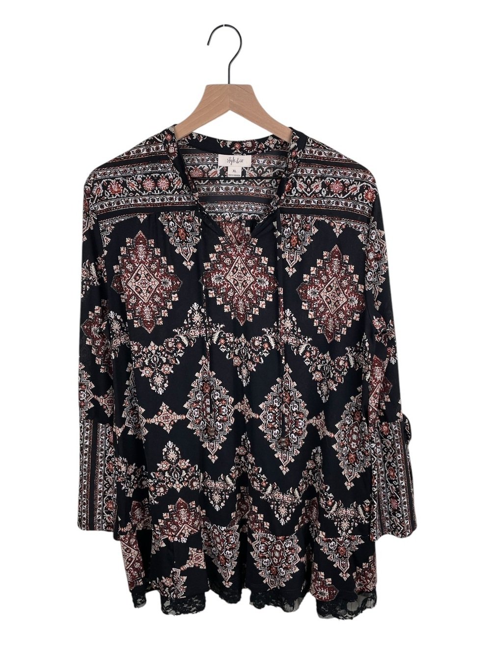 Style & Co Black Boho Paisley Print Tunic Blouse Size XL Lace Hem Bell Sleeves